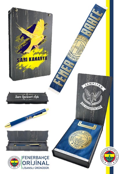 Orijinal Lisanslı Canım Feda Olsun Fenerbahçe Şal Atkı ve Hybrt Tükenmez Kalem Set Kanarya Baskılı Ahşap Kutulu