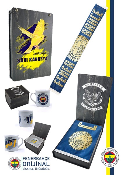 Orijinal Lisanslı Canım Feda Olsun Fenerbahçe Şal Atkı Seramik Kupa Set Kanarya Baskılı Ahşap Kutulu