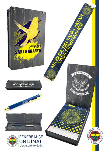 Orijinal Lisanslı Mazinde Bir Tarih Yatar Fenerbahçe Şal Atkı ve Hybrt Tükenmez Kalem Set Kanarya Baskılı Ahşap Kutulu