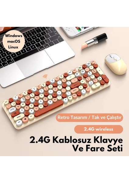 2.4ghz Kablosuz Retro Klavye ve Mouse Seti, Tak Çalıştır Tüm Cihazlara Uyumlu Klavye Mouse Seti