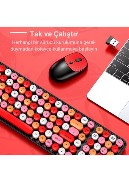 2.4ghz Kablosuz Retro Klavye ve Mouse Seti, Tak Çalıştır Tüm Cihazlara Uyumlu Klavye Mouse Seti