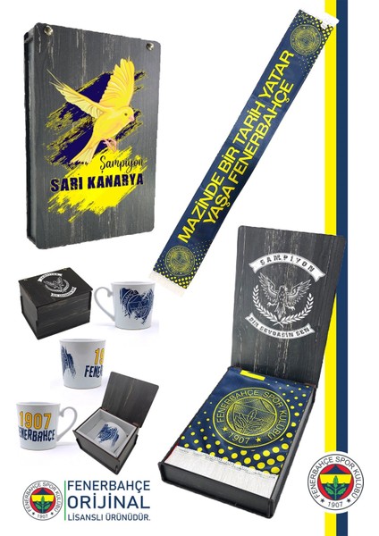 Orijinal Lisanslı Mazinde Bir Tarih Yatar Fenerbahçe Şal Atkı Seramik Kupa Set Kanarya Baskılı Ahşap Kutulu