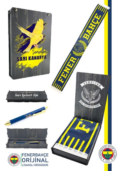 Orijinal Lisanslı Since 1907 Fenerbahçe Şal Atkı ve Hybrt Tükenmez Kalem Set Kanarya Baskılı Ahşap Kutulu