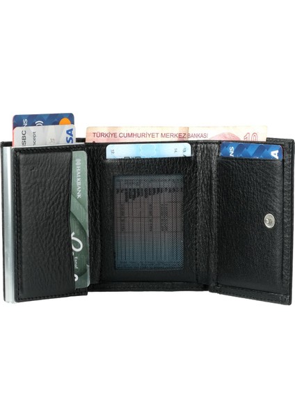 Siyah Bozuk Para Bölmeli Çıtçıtlı Deri Mekanizmalı Kartlık Cüzdan fırsatları