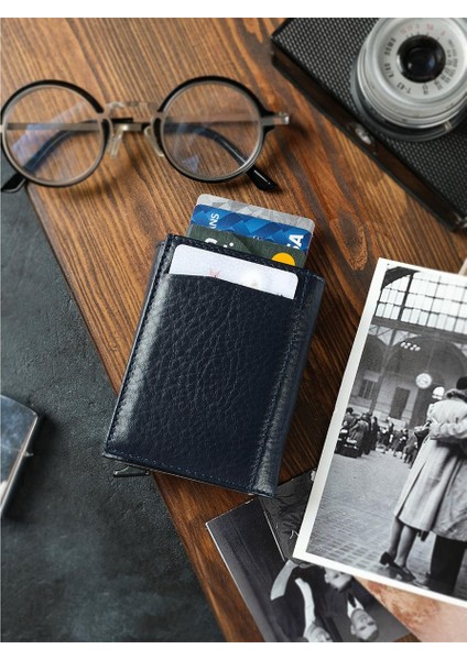 Lacivert Bozuk Para Bölmeli Çıtçıtlı Deri Mekanizmalı Kartlık Cüzdan