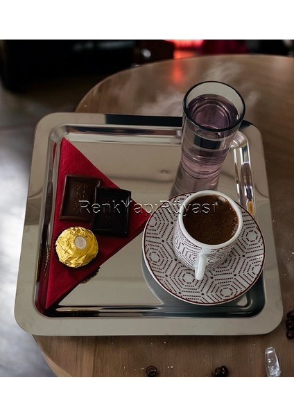 2'li Lüx Kare Paslanmaz Çelik Gümüş Renk 22X22 cm Kahve Servis Sunum Tepsisi&tabağı, El Kesmez