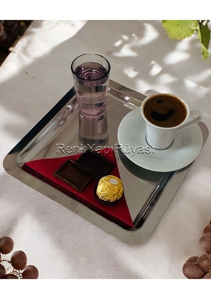 2'li Lüx Kare Paslanmaz Çelik Gümüş Renk 22X22 cm Kahve Servis Sunum Tepsisi&tabağı, El Kesmez fiyatları