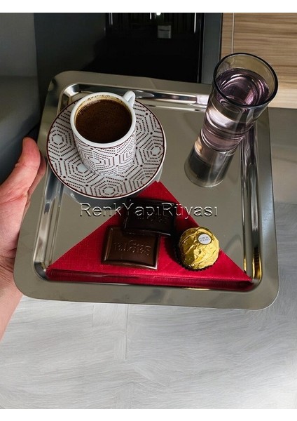 2'li Lüx Kare Paslanmaz Çelik Gümüş Renk 22X22 cm Kahve Servis Sunum Tepsisi&tabağı, El Kesmez fırsatları