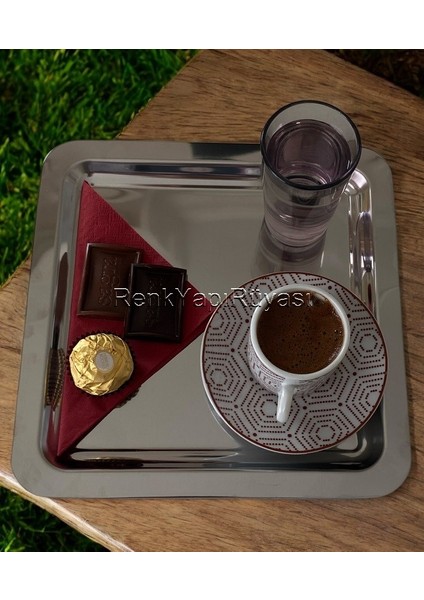 2'li Lüx Kare Paslanmaz Çelik Gümüş Renk 22X22 cm Kahve Servis Sunum Tepsisi&tabağı, El Kesmez indirimleri