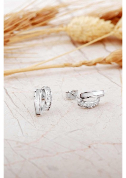 Sedef Taşlı Rodyumlu Tasarım Gümüş Mini Baget Küpe 7265