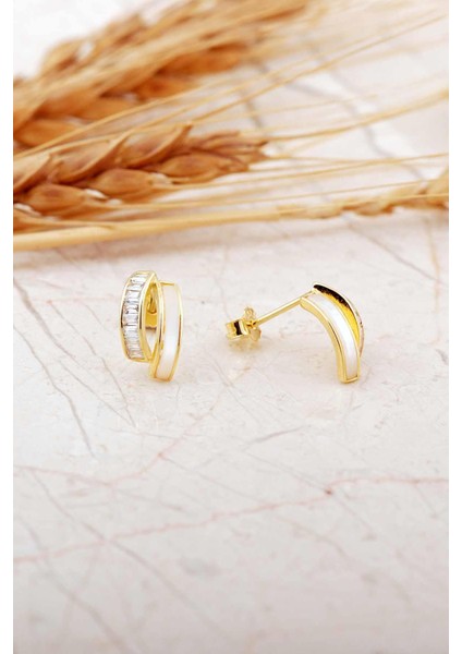 Sedef Taşlı Altın Kaplama Tasarım Gümüş Mini Baget Küpe 7266