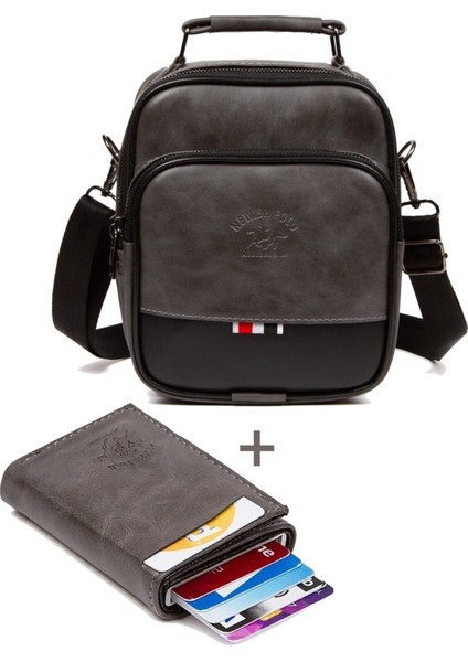 Şık gri suni deri el ve omuz çanta ile mekanizmalı kartlık seti