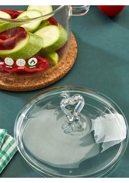 Kalp Figürlü Still Cam Tencere Borosilikat Isıya Dayanıklı Ocaküstü Kulplu Şeffaf Tencere 1900 ml