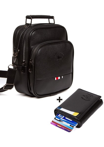 Şık siyah deri el ve omuz çanta ile mekanizmalı kartlık seti, küçük boy