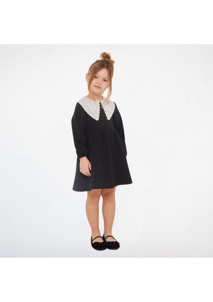 Dantel Yakalı Kız Çocuk Elbise – Siyah