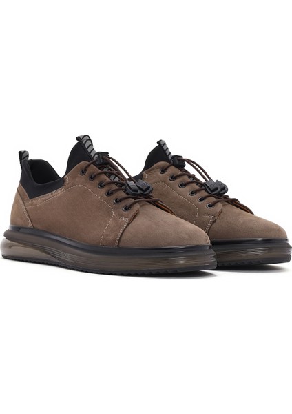 Erkek Vizon Bağcıklı Kalın Tabanlı Deri Casual Sneaker 25SFD640810