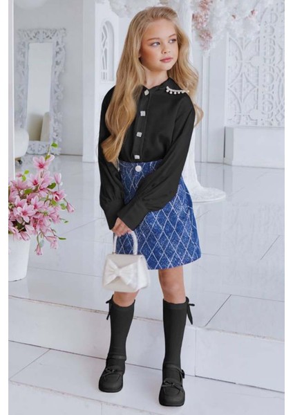 Kız Çocuk Yakası Güpür Taş Işlemeli Şifon Siyah Gömlek Kare Çizgili Jean Etekli Takım