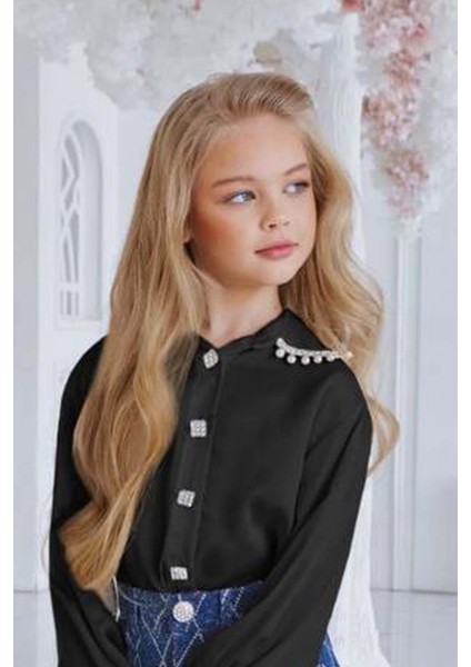 Kız Çocuk Yakası Güpür Taş Işlemeli Şifon Siyah Gömlek Kare Çizgili Jean Etekli Takım fiyatları