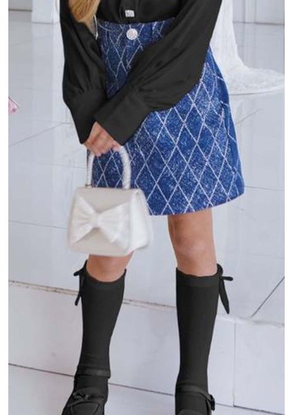 Kız Çocuk Yakası Güpür Taş Işlemeli Şifon Siyah Gömlek Kare Çizgili Jean Etekli Takım modelleri