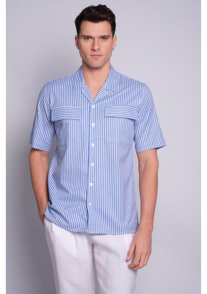 Erkek Petrol Kısa Kollu Kapak Cepli Çizgili Gömlek