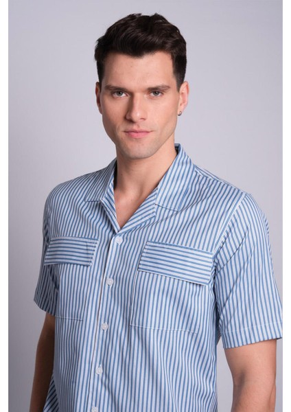 Erkek Petrol Kısa Kollu Kapak Cepli Çizgili Gömlek fiyatları