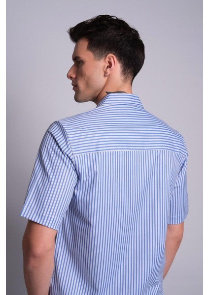 Erkek Petrol Kısa Kollu Kapak Cepli Çizgili Gömlek modelleri