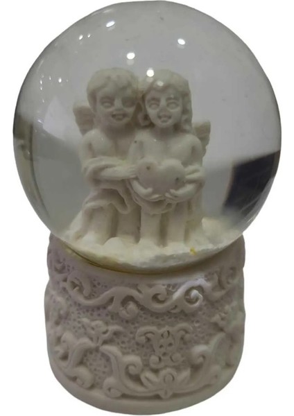 Hediyelik Kar Küre Yükseklik 6,5cm Genişlik 4,5cm El Yapım Beyaz Melek Mavi Kırmızı Işıklı 1 Adet