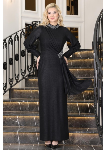 Açelya Sarkaçlı Taşlı Abiye Elbise Siyah ELB74 fiyatları