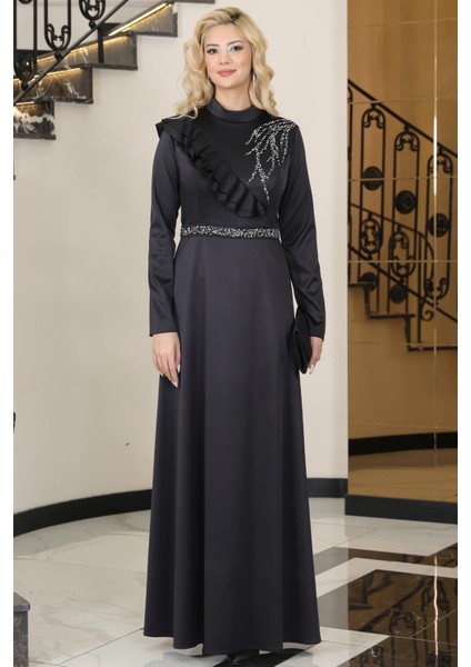 Ada Saten Taşlı Abiye Elbise Siyah ELB72