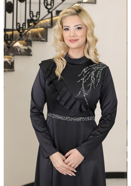 Ada Saten Taşlı Abiye Elbise Siyah ELB72 fiyatları