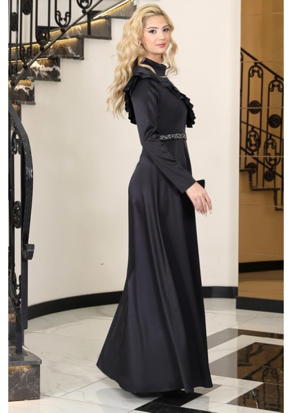 Ada Saten Taşlı Abiye Elbise Siyah ELB72 modelleri