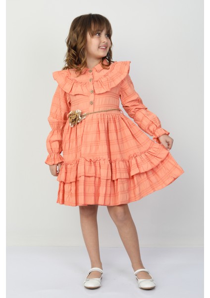 Bel Bağlamalı Düğmeli Kız Çocuk Gül Detaylı Elbise 26150 fiyatları