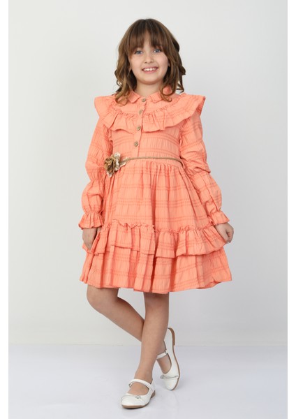 Bel Bağlamalı Düğmeli Kız Çocuk Gül Detaylı Elbise 26150 modelleri