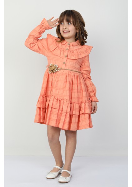 Bel Bağlamalı Düğmeli Kız Çocuk Gül Detaylı Elbise 26150 fırsatları