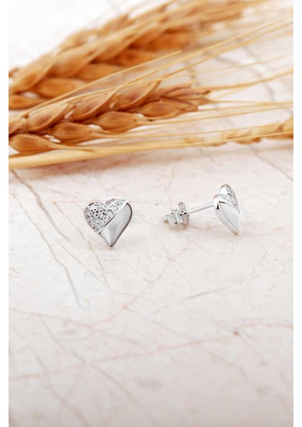 Sedef Taşlı Rodyumlu Kalp Mini Gümüş Küpe 7267