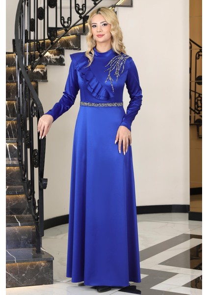 Ada Saten Taşlı Abiye Elbise Saks ELB72