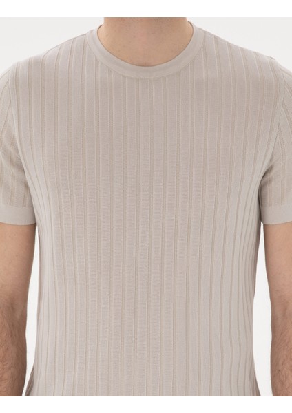 Erkek Bej Slim Fit Bisiklet Yaka Triko Tişört 50305991-VR011