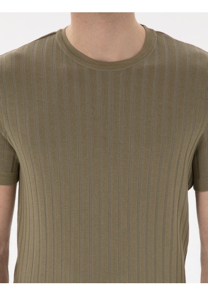 Erkek Haki Slim Fit Bisiklet Yaka Triko Tişört 50305991-VR027