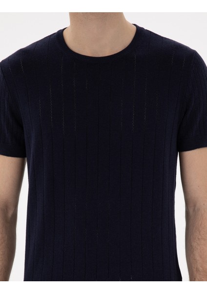 Erkek Lacivert Keten Karışımlı Regular Fit Bisiklet Yaka Triko Tişört 50305992-VR033