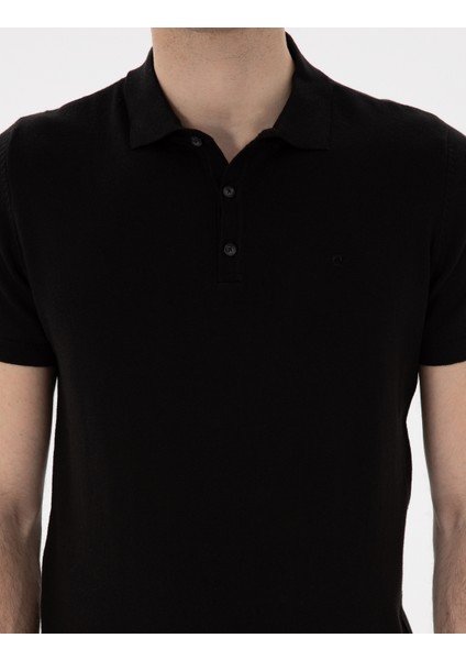 Erkek Siyah Slim Fit Düğmeli Polo Yaka Triko Tişört 50307320-VR046