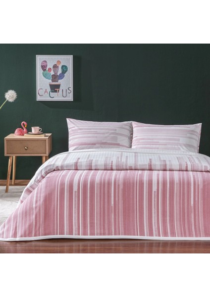 Baskılı Tek Kişilik Pamuklu Pike Takımı Grid Pembe