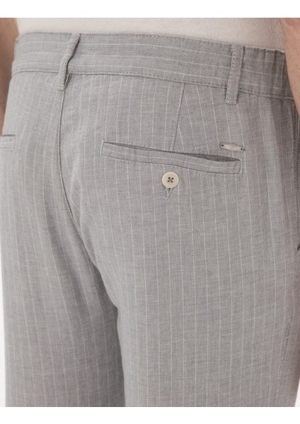 Erkek Gri Slim Fit Keten Karışımlı Çizgili Kanvas Pantolon 50301778-VR024