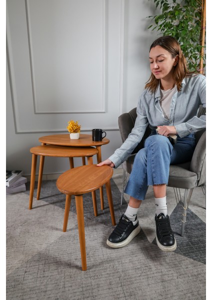 Meşe Masif Doğal Ahşap Zigon Sehpa 3'lü Set, Modern Masif Yan Sehpa