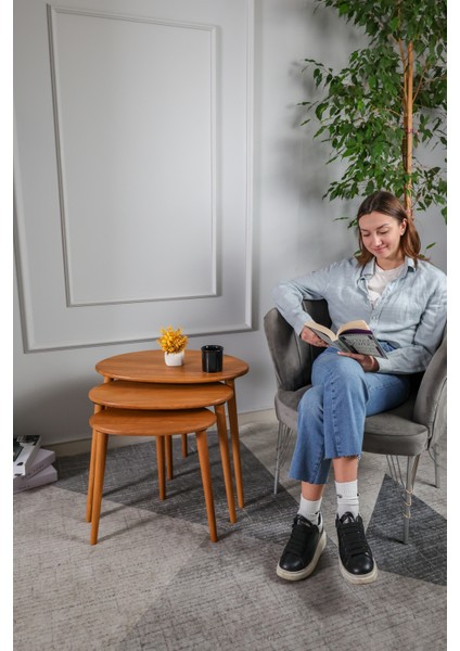 Meşe Masif Doğal Ahşap Zigon Sehpa 3'lü Set, Modern Masif Yan Sehpa