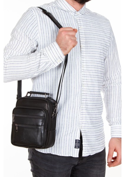 Şık hakiki deri orta boy siyah çanta, 15,5x19,5 cm, modern tasarım