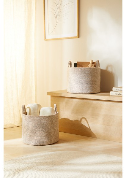 2'li Bej Kırçıllı Dolap İçi Çamaşır Oyuncak Düzenleyici Pamuklu Saklama Sepeti Organizer 35 x 27 cm