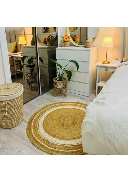 Vime 01R Natural Beyaz Yuvarlak Jüt Halı Yolluk El Dokuma Jüt Kilim Hasır Halı Otantik Bohem Halı