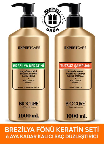 Saç Düzleştirici Keratin Bakımı 1000 ml + Tuzsuz Arındırıcı Şampuan 1000 ml Brezilya Fönü