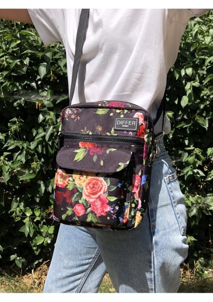 Pembe Çiçekli Siyah Omuz ve Çapraz Askılı Şık Tekstil Çanta