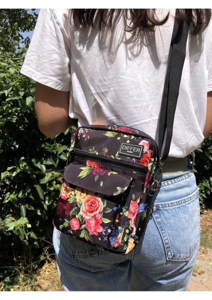 Pembe Çiçekli Siyah Omuz ve Çapraz Askılı Şık Tekstil Çanta fiyatları